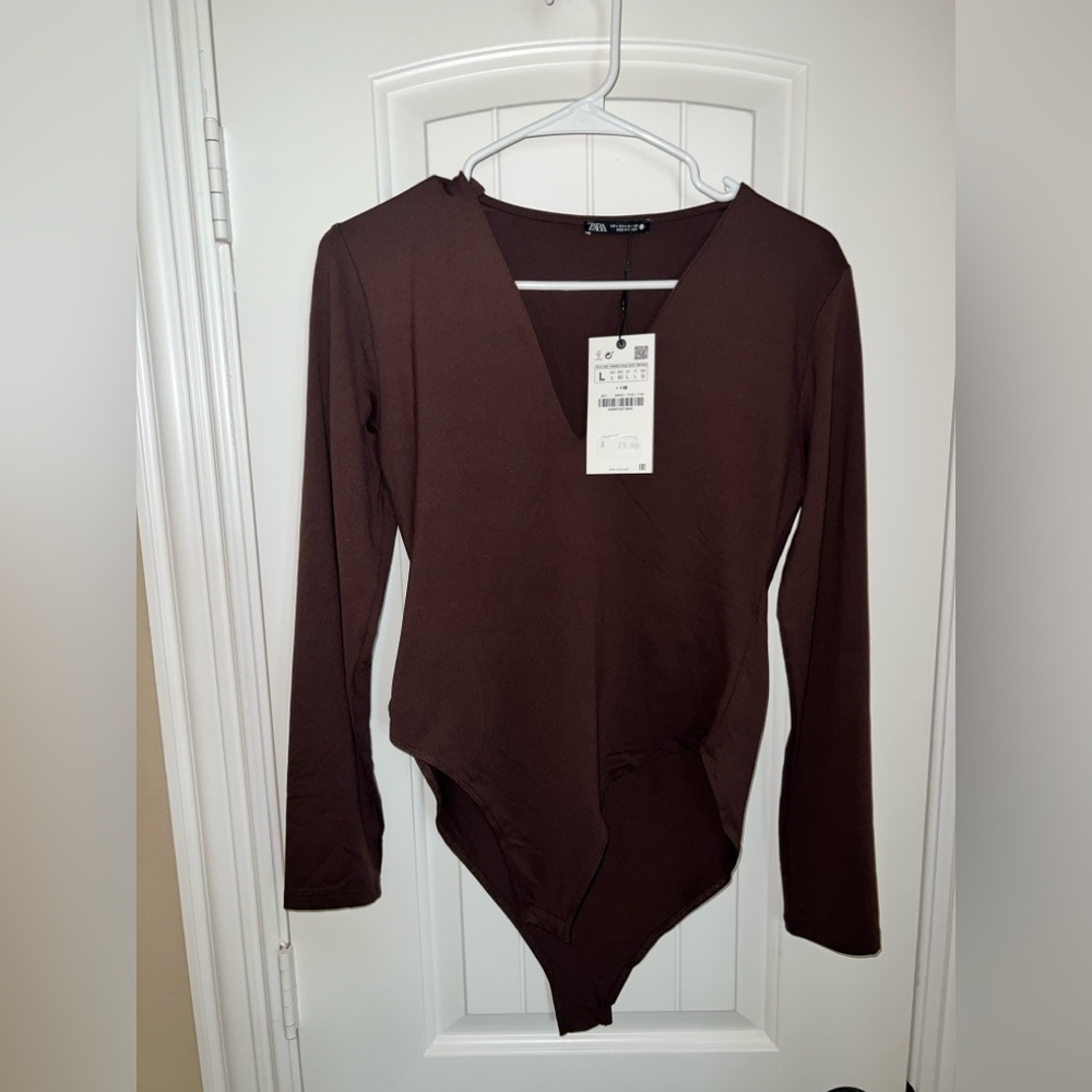 Zara Chocolate Brown Long Sleeve V Neck Bodysuit